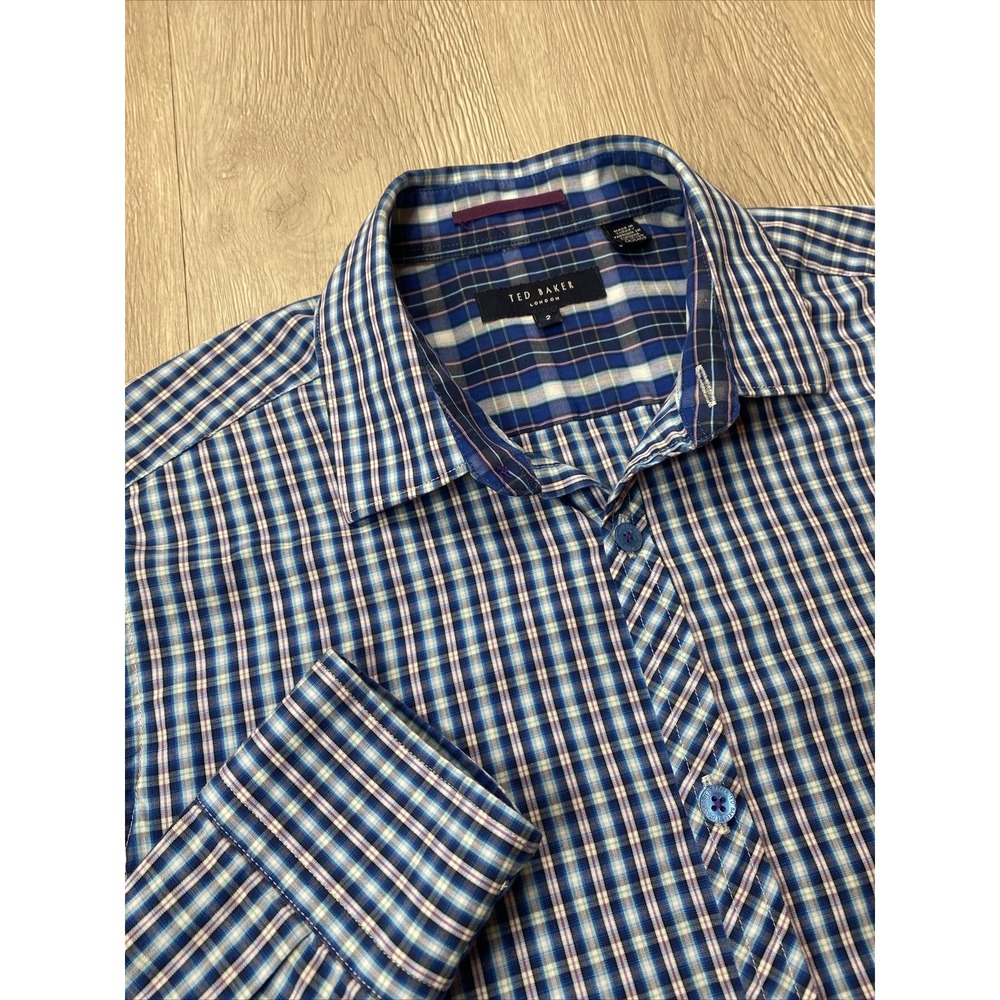 Ted Baker Shirt Men's 2 Small S Long Sleeve Button Down Blue Plaid